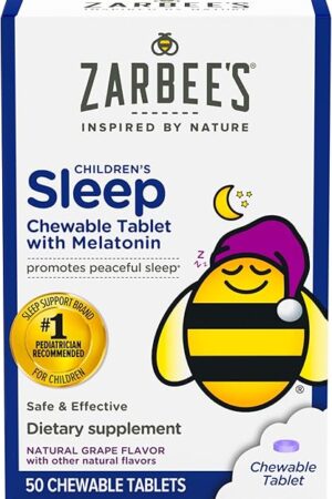 Zarbee’s Kids Melatonin Sleep Chewable Tablets, 1 mg, Drug & Alcohol-Free, Non-Habit Forming Sleep Support, Natural Grape Flavor, No Artificial Sweeteners or Dyes, Gluten Free, Ages 3+, 50 Ct Bottle