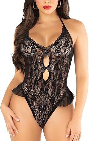 Womens Floral Lace Halter Bodysuit