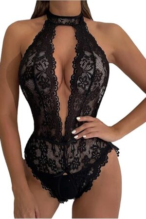 Women's Halter Deep V Neck Teddy Bodysuit Lingerie Backless Sheer One Piece Mini Babydoll