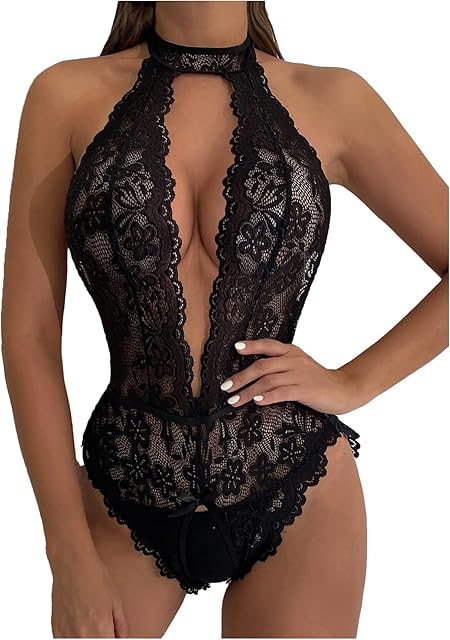Women's Halter Deep V Neck Teddy Bodysuit Lingerie Backless Sheer One Piece Mini Babydoll