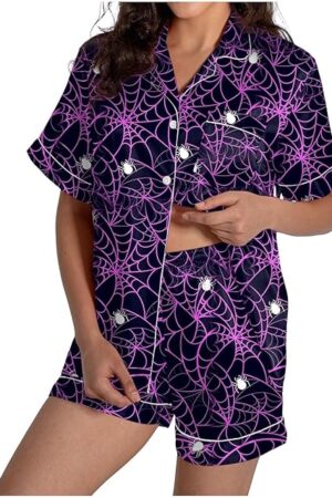 Halloween Pajamas Women Satin Silk Button Up Shirt And Shorts Pjs Sets Large 2 Piece Loungewear Sets Soft Sleepwear