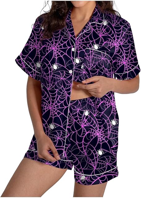 Halloween Pajamas Women Satin Silk Button Up Shirt And Shorts Pjs Sets Large 2 Piece Loungewear Sets Soft Sleepwear