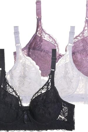 3Pack Wireless Lace Bralette for Women Sexy Lace Bra with Deep V Neck Everyday Comfort Padded Bras Plus Size
