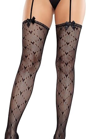 Womens Heart Lace Trimmed Heart Net Stockings With Attached Garter Belt and Satin Bow Accents