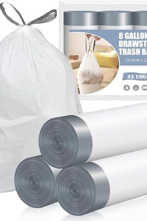 Drawstring 8 Gallon Trash Bags - 42 Count Pre-separated Medium Trash Bags 8 Gallon, White Unscented 8 Gal Garbage Bags
