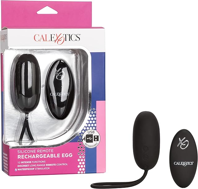 CalExotics Silicone Remote Rechargeable Egg Bullet Vibrator, Waterproof and Silicone 12-Function Stimulator with Easy Retrieval Cord Adult Couple Sex Toy Black SE-0077-30-3