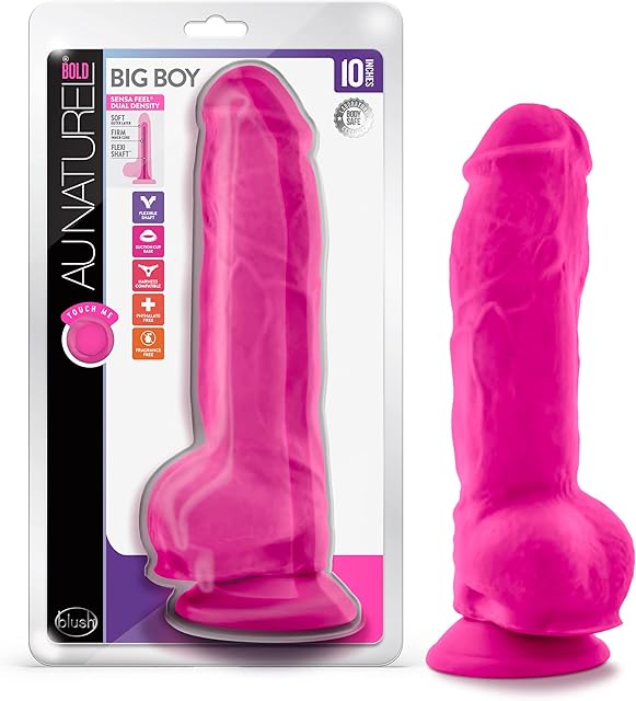 Blush Au Naturel Big Boy 10" Realistic Dildo w/Balls, 25" Thick - FlexiShaft, Dual Density SensaFeel, Suction Cup, Strap-On - Ultra Soft TPE Deep Penetration Sex Toy for Women & Couples - (Pink Fun)