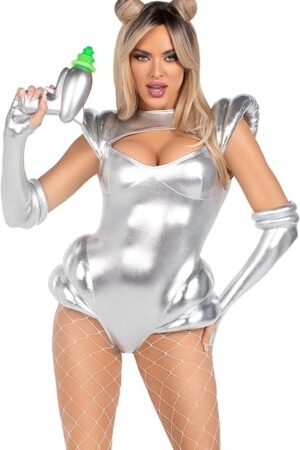 Womens 2 Pc Cosmic Cutie Halloween Costume With Fingerless Gloves, LARGE, Silver