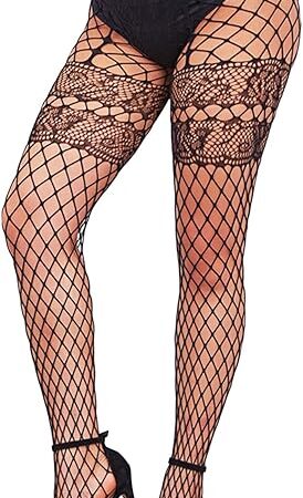 Women's Floral Lace Wide Fishnet Stockings, Sexy Faux Garter Tights Leggings, High Waist Mesh Lingerie Pantyhose