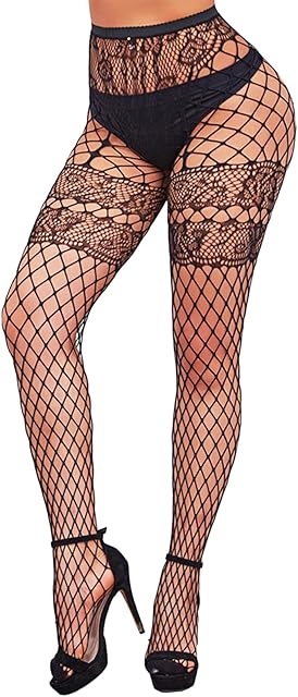 Women's Floral Lace Wide Fishnet Stockings, Sexy Faux Garter Tights Leggings, High Waist Mesh Lingerie Pantyhose