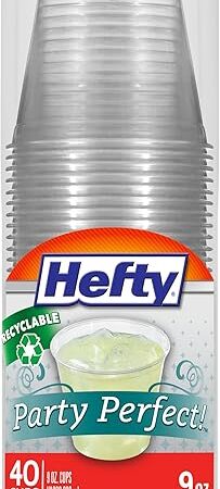 Hefty Party Perfect Clear Plastic Cups, Small Clear Cups for Parties, Wedding Receptions, Birthday Parties, Office Gatherings, and More, Recyclable, 9 Ounce, 40 Count
