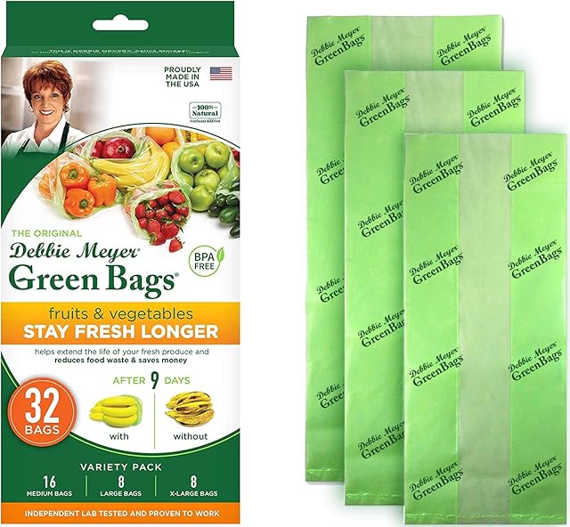 Debbie Meyer GreenBags 32-Pack (16M, 8L, 8XL) ? Keeps Fruits, Vegetables, and Cut Flowers, Fresh Longer, Reusable, BPA Free, Made in USA