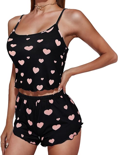Cute Pajama Sets for Women- 2 Piece Strawberry Print Summer Cami Top and Shorts Pj Set Sexy Pajamas