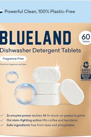 BLUELAND 100% Plastic-Free Dishwasher Detergent Tablets, 60 Count, Unscented Eco Friendly Dishwashing Pods, Natural, Sustainable