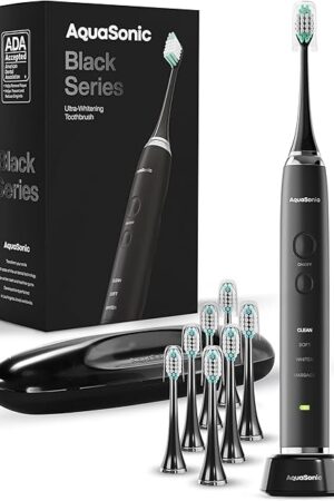 Aquasonic Black Series Ultra Whitening Toothbrush ? ADA Accepted Electric Toothbrush- 8 Brush Heads & Travel Case ? 40,000 VPM Electric Motor & Wireless Charging - 4 Modes w Smart Timer