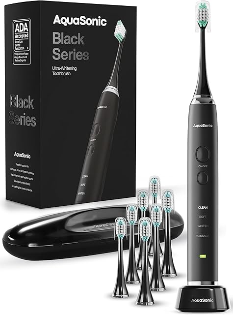 Aquasonic Black Series Ultra Whitening Toothbrush ? ADA Accepted Electric Toothbrush- 8 Brush Heads & Travel Case ? 40,000 VPM Electric Motor & Wireless Charging - 4 Modes w Smart Timer