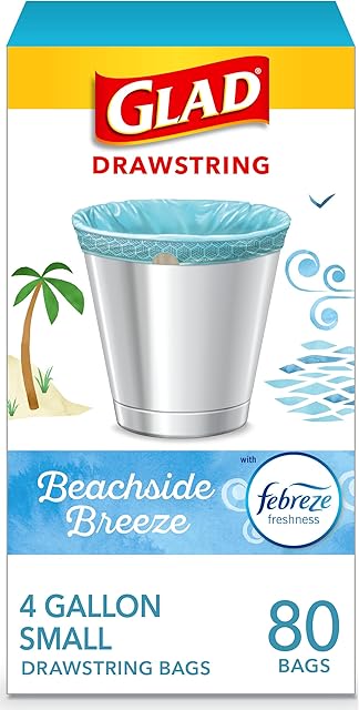 Glad Small Trash Bags 4 Gallon, Febreze Beachside Breeze Garbage Bags, Odor Resistant with Drawstring, 80 Count