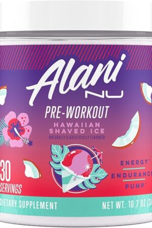Alani Nu Pre Workout Powder Hawaiian Shaved ICE, Amino Energy Boost, Endurance Supplement, Sugar Free, 200mg Caffeine, L-Theanine, Beta-Alanine, L-Citrulline, 30 Servings