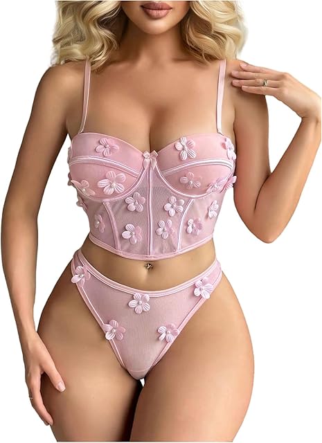 Women's Lingerie Sets Floral Applique Mesh Bra and Panty Set 2 Piece Babydoll Outfits