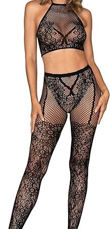 Women's Bralette & Pantyhose Bodystocking Set with Knitted Lace Detail Black