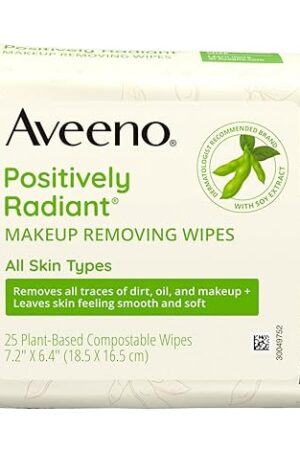 Aveeno Positively Radiant Makeup Remover Wipes, Gentle Individual Face Wipes with Moisture-rich Soy Extract to help leave your skin looking bright, Hypoallergenic Formula, Non-Comedogenic (Pack of 25)