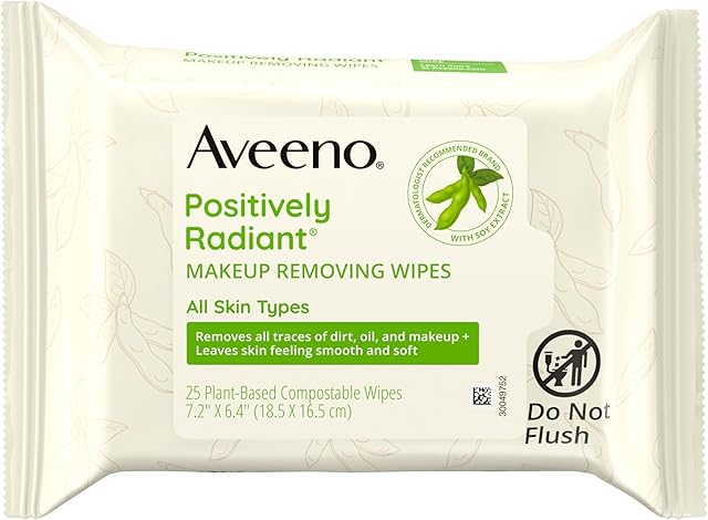 Aveeno Positively Radiant Makeup Remover Wipes, Gentle Individual Face Wipes with Moisture-rich Soy Extract to help leave your skin looking bright, Hypoallergenic Formula, Non-Comedogenic (Pack of 25)