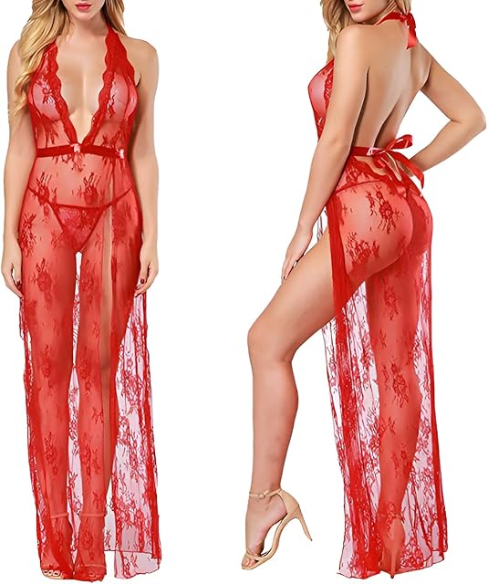 Women's Sexy Lace High Slit Lingerie Thong Erotic Deep V Mesh Floral Nightgown with Straps Sheer Sleepwear Nightdress