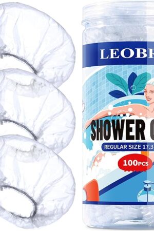 LEOBRO 100PCS Disposable Shower Caps, Shower Caps for Women Disposable, Clear Plastic Shower Cap, Plastic Hair Caps for Hair Treatment, Regular Size 173 INCH