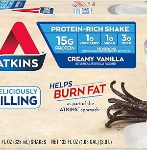 Atkins Creamy Vanilla High Protein Shake, 15g Protein, Low Glycemic, Low Carb and Low Sugar Shakes, Keto Friendly, 12 Vanilla Flavored Protein Shakes