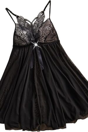 Women's Lace Trim Babydoll Nightgown, Black Mesh, Spaghetti Strap Sleepwear