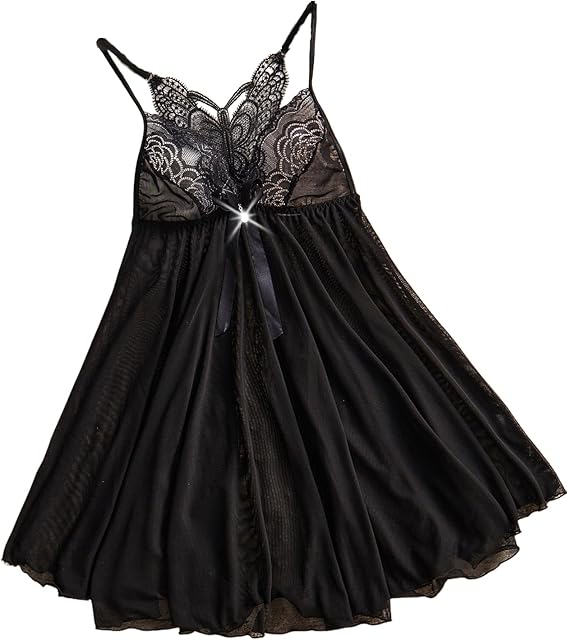 Women's Lace Trim Babydoll Nightgown, Black Mesh, Spaghetti Strap Sleepwear