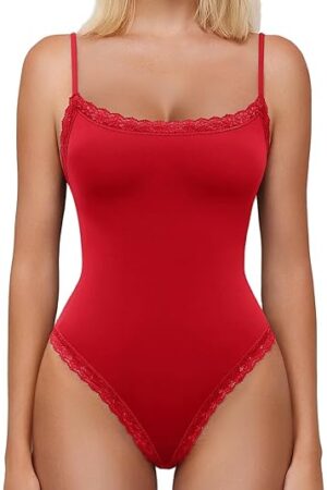 Women Square Neck Lace Bodysuit Sleeveless Spaghetti Strap Tank Top Body Suits