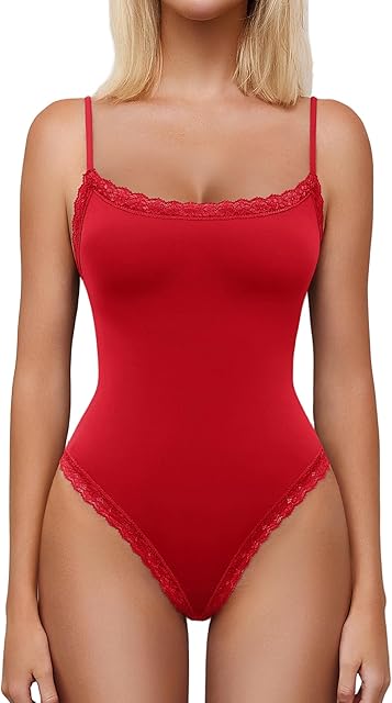 Women Square Neck Lace Bodysuit Sleeveless Spaghetti Strap Tank Top Body Suits