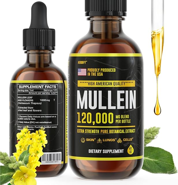 HERBIFY Mullein Drops - Lung Cleanse - Leaf Extract - Powerful Mullein for Immune Support,Detox & Respiratory Support - Made in USA - Lung Cleanse for Smokers - 4 Oz