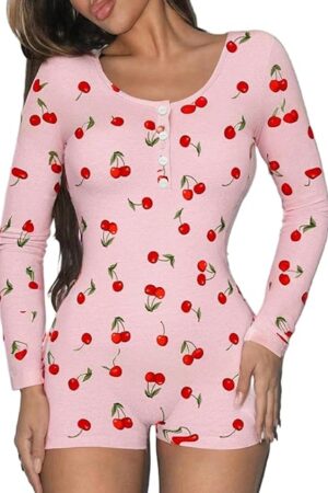 Women's Cute Strawberry Graphic Romper Pajama V Neck Long Sleeve Button Front Shorts Onesie Bodycon Overal Sleepwear