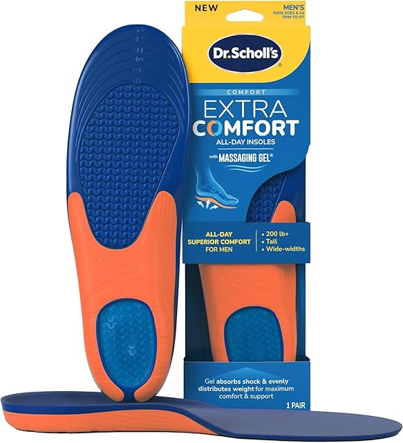 Dr Scholl?s Extra Comfort Support Insoles Men, Size 8-14, 1 Pair: All-Day Comfort Shoe Inserts with Massaging Gel for Big & Tall Men, 200lbs+, Wide Feet - Arch Support Inserts for Men, Trim to Fit