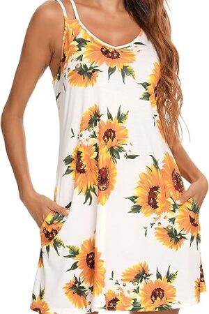 Women's Nightgown Print Nightshirt Tank Sleep Dress Plus Size Sleepwear With Pockets