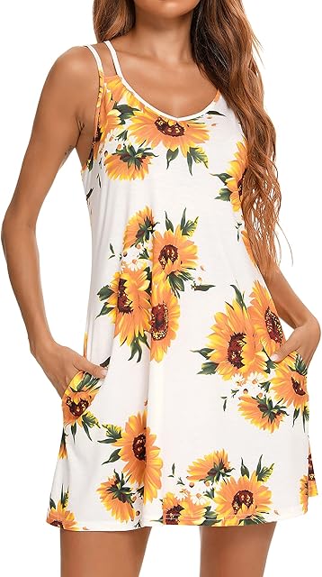 Women's Nightgown Print Nightshirt Tank Sleep Dress Plus Size Sleepwear With Pockets