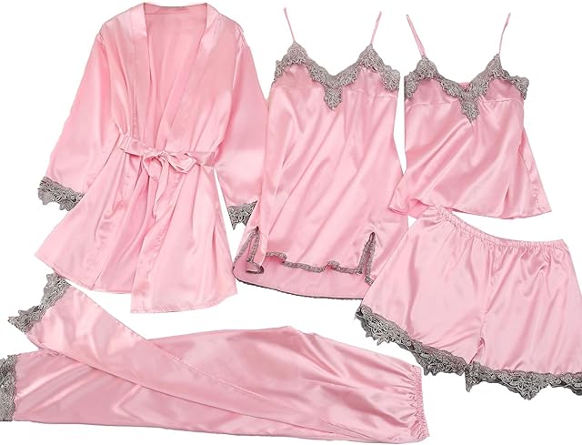 Womens 5 Piece Satin Pajama Set Lace Camisole Nightgown with Shorts Pants Robe Sleepwear Sexy Lingerie Nightwear