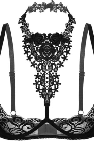 Women's Sexy Sheer Unlined Chemise Halter Neck Lace Bra Tops Babydoll Brassiere Lingerie