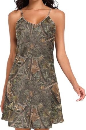 Womens Satin Nightgown Spaghetti Strap Camo Sleepwear Sexy V Neck Lingerie Dress Nightwear