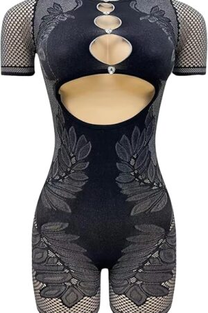 Women's Sexy Fishnet Bodysuit Lace Front Cutout Stretch Short Sleeve Romper Rave Outfits