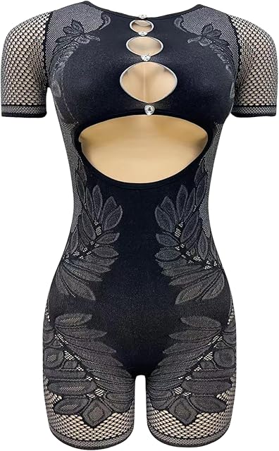 Women's Sexy Fishnet Bodysuit Lace Front Cutout Stretch Short Sleeve Romper Rave Outfits