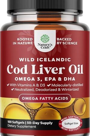 Icelandic Wild Caught Cod Liver Oil Softgels - Fish Omega 3, EPA, DHA, Vitamin D & A, 1000mg Per Serving - Burpless Capsules for Heart, Joint, Brain & Immune Support - 100 Count