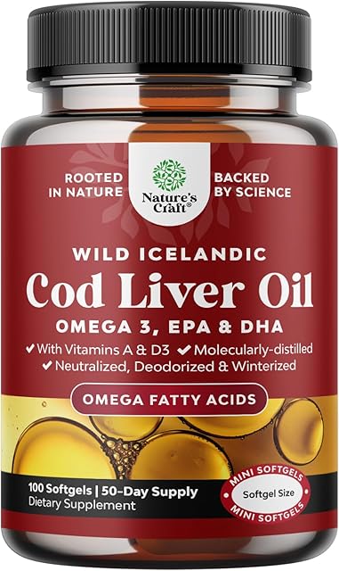 Icelandic Wild Caught Cod Liver Oil Softgels - Fish Omega 3, EPA, DHA, Vitamin D & A, 1000mg Per Serving - Burpless Capsules for Heart, Joint, Brain & Immune Support - 100 Count