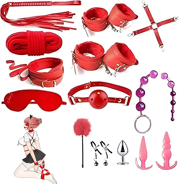 BDSM Restraints Sex Toys 14 Pcs Bondage Restraints Kits Fetish Bed Restraints Set for Beginners SM Adult Games Versatile Bed Restraints Couple Sex Toys Adult Sex Toys Bondage Gear Accessories (red)