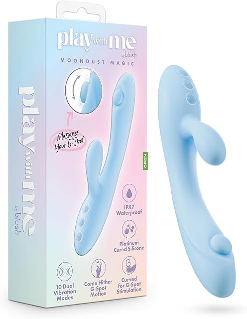 Blush Novelties Play with Me - Moondust Magic 8 Inch G Spot Clitoral Rabbit Vibrator - 10 Modes - Come Hither G-Spot Technology ? Platinum Cured Silicone ? IPX7 Waterproof - Adult Sex Toy ? Blue