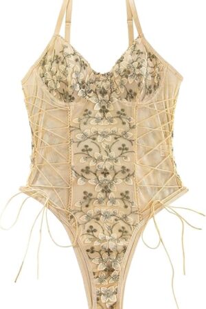 Women Sexy Lace Up Floral Embroidered Teddy Lingerie Bodysuit Top Mesh Sheer One Piece