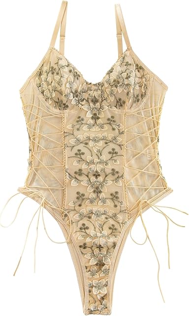 Women Sexy Lace Up Floral Embroidered Teddy Lingerie Bodysuit Top Mesh Sheer One Piece