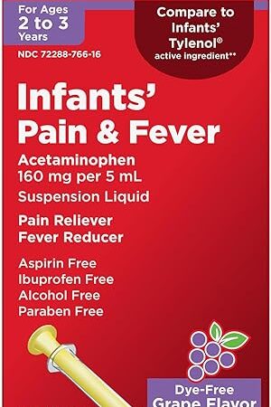 Amazon Basic Care Infants' Pain & Fever, Acetaminophen 160 mg per 5 mL, Suspension Liquid, Dye-Free Grape Flavor, 2 fl oz (Pack of 1)